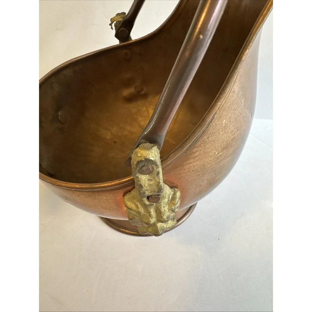 Copper Brass Coal Scuttle/Ash Bucket w/Porcelain Cherub Face 8